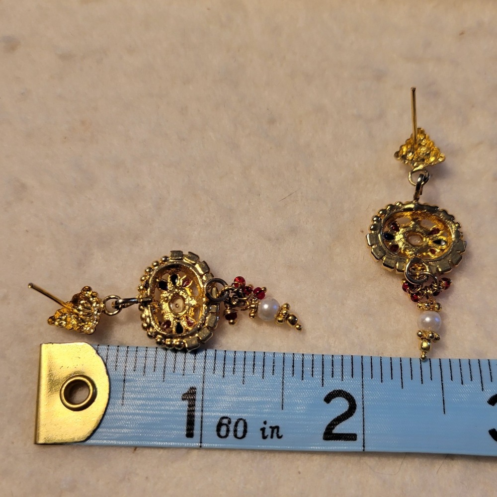 Gold Tone Faux Gemstone Multicolor Bollywood Like Stud Pierced 1.5" Earrings - Picture 4 of 4